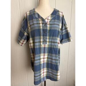 Vintage Honors Plaid Henley Shirt Women’s Oversized Blue Cottagecore Grunge Top